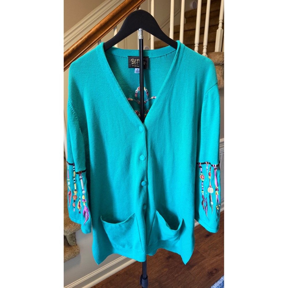 Bob Mackie Wearable Art Teal Green Embroidered Dreamcatcher Cardigan Sweater XL